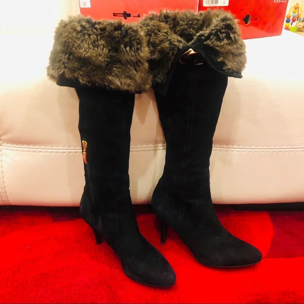 Guess Women’s Over-the-Knee Bolim Suede Boots Faux Fur Trim Size 7.5